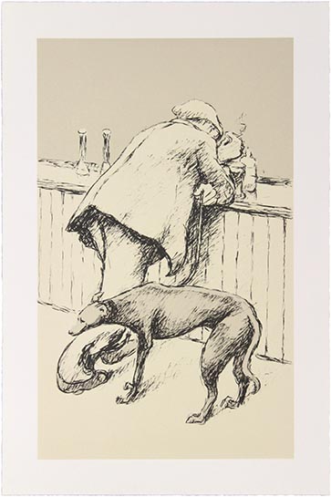 Norman Cornish - Man Leaning on Bar with Dog 